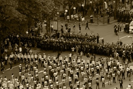 I had no sooner arrived in my hotel in the centre of Seoul, Korea, when scores of riot police began streaming from all sides and hastily assembling into formations. A protest march blocked the main thoroughfare and had a tense standoff with the police. I shot this from my hotel room window.